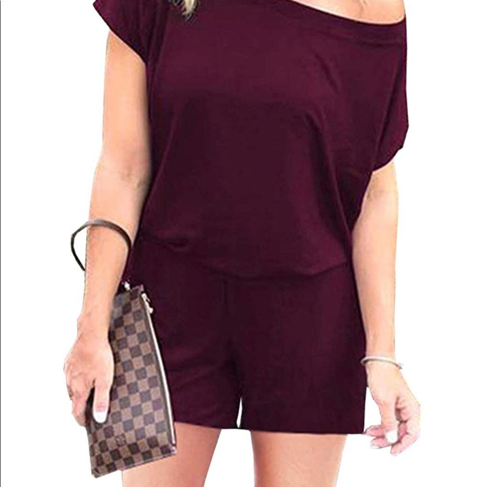 🏆Off Shoulder Loose Fit Romper Burgundy - Picture 3 of 3